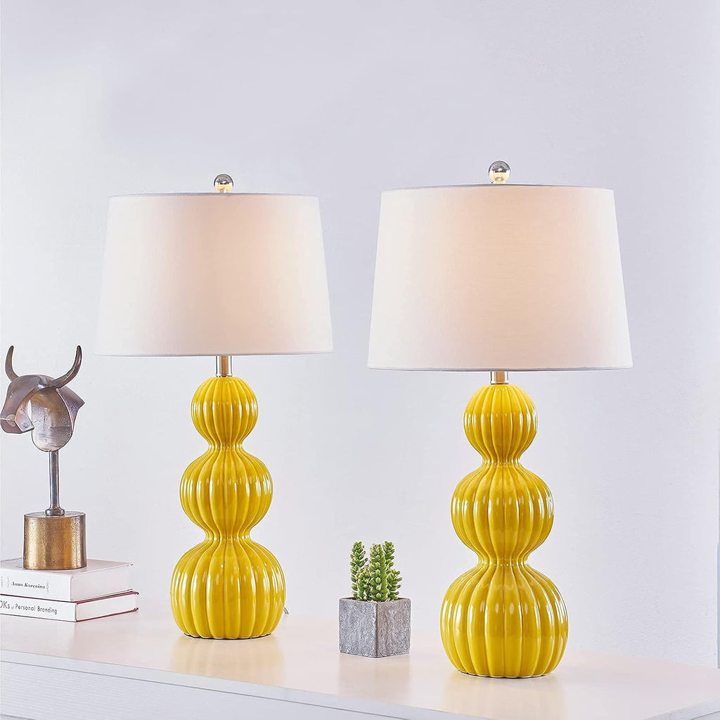 28-Inch Ceramic Table Lamps Set of 2, Modern Triple Gourd, Yellow with White Shade