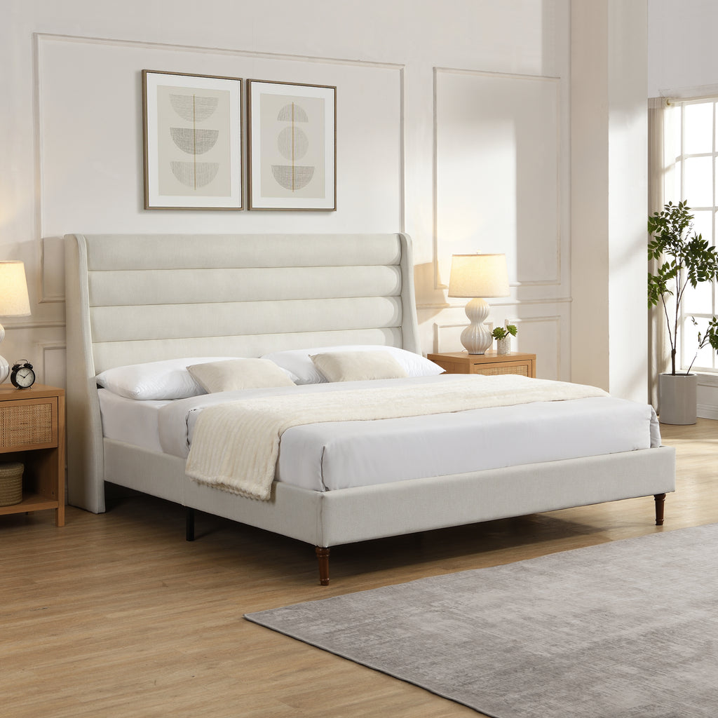 King Size Bed Frame with High Wave-Shaped Headboard