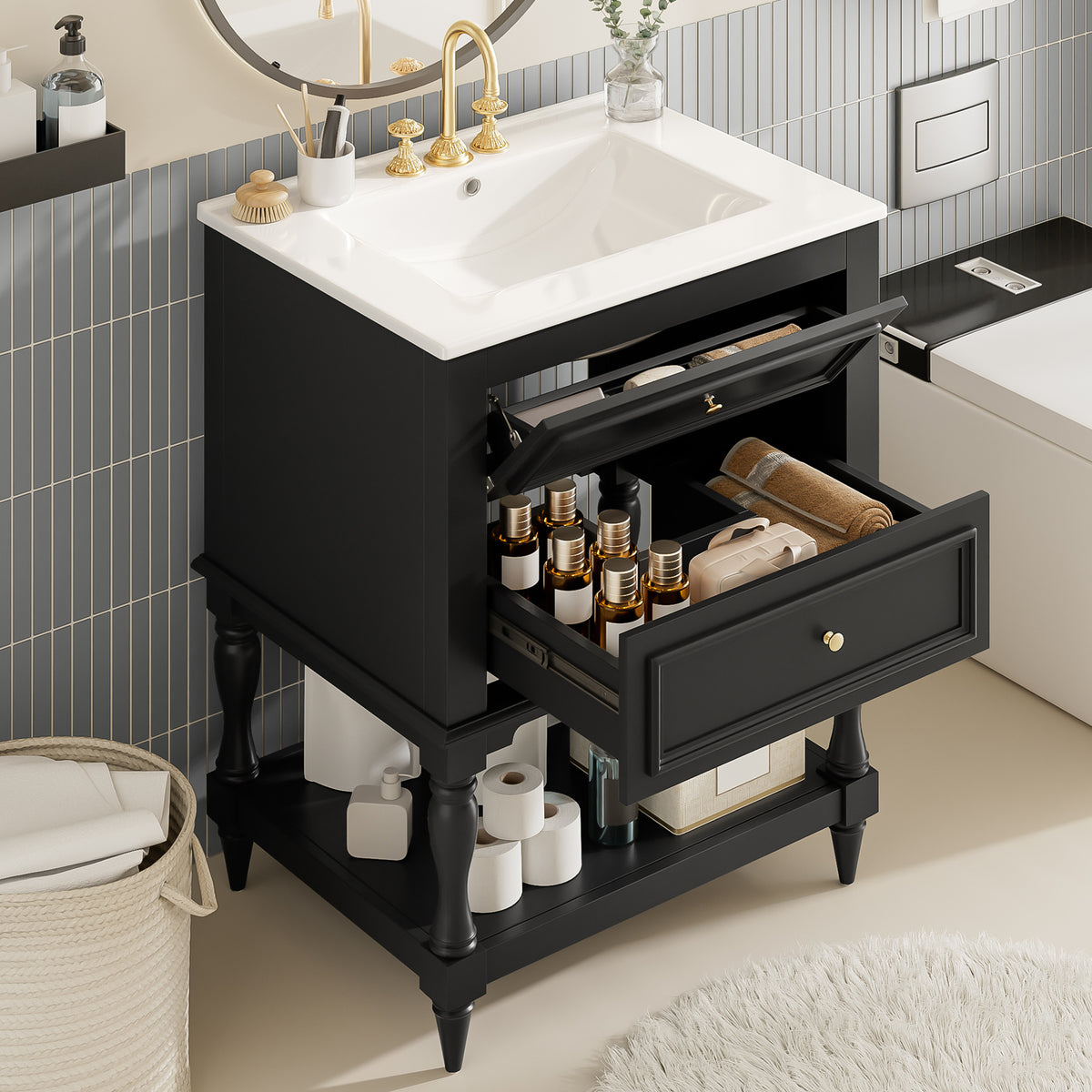 24-Inch Bathroom Vanity with Ceramic Sink, Retro Design, Black