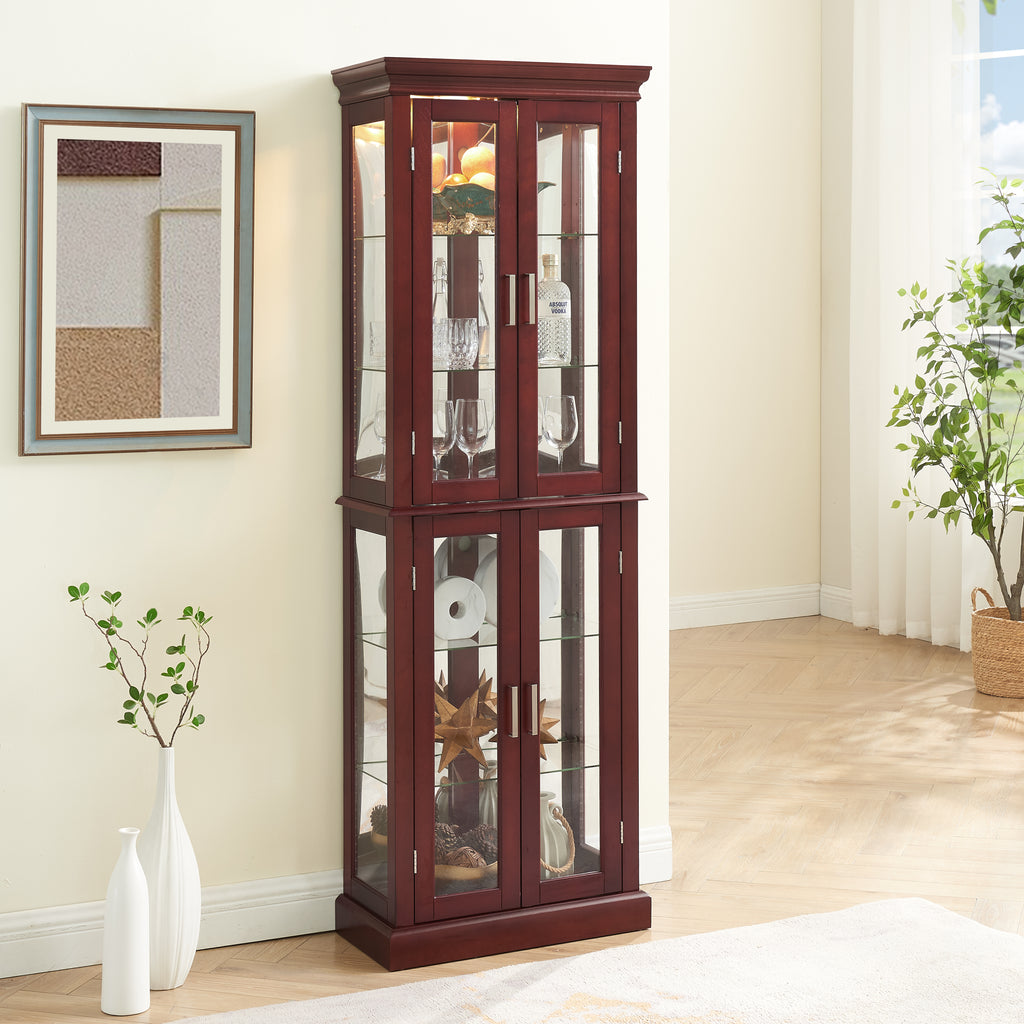 Lighted Curio Cabinet with Adjustable Shelves and Mirrored Back