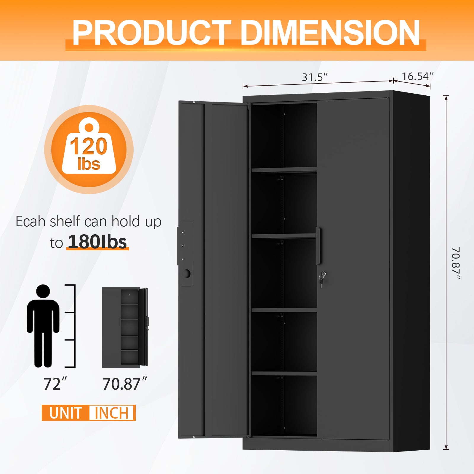 70-Inch 2-Door File Cabinet with Lock, 4 Adjustable Shelves