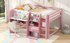 Full Size Low Loft Bed with Built-in Desk, Storage Cabinets and Open Bookcase