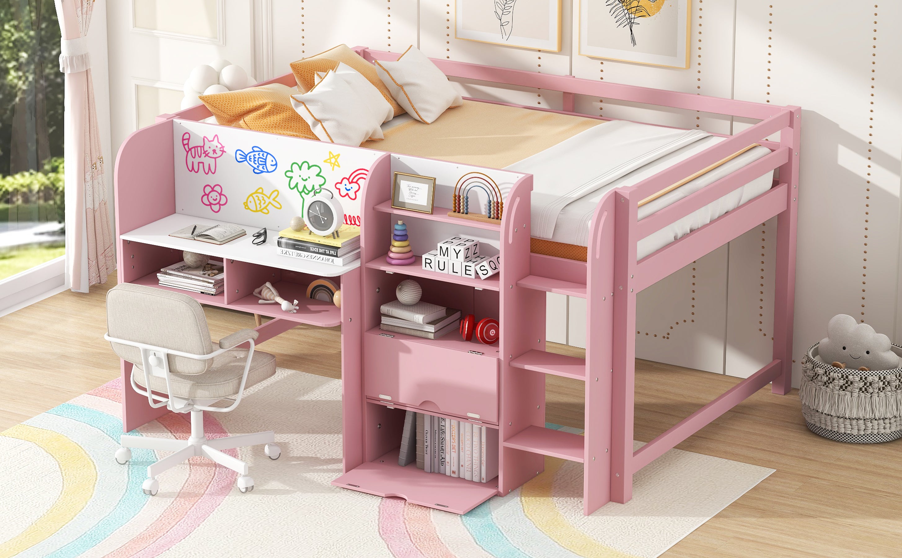 Full Size Low Loft Bed with Built-in Desk, Storage Cabinets and Open Bookcase