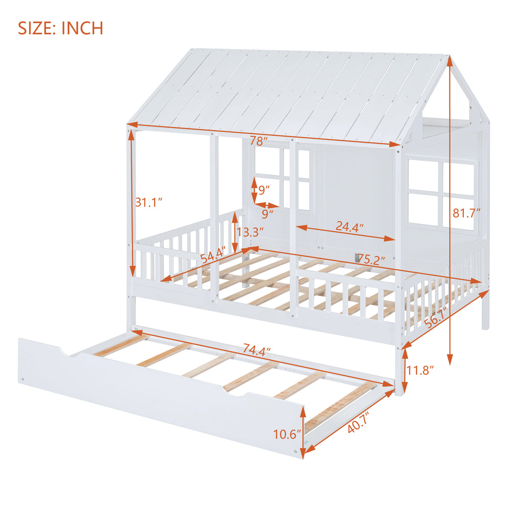 Full Size Wood House Bed With Twin Size Trundle