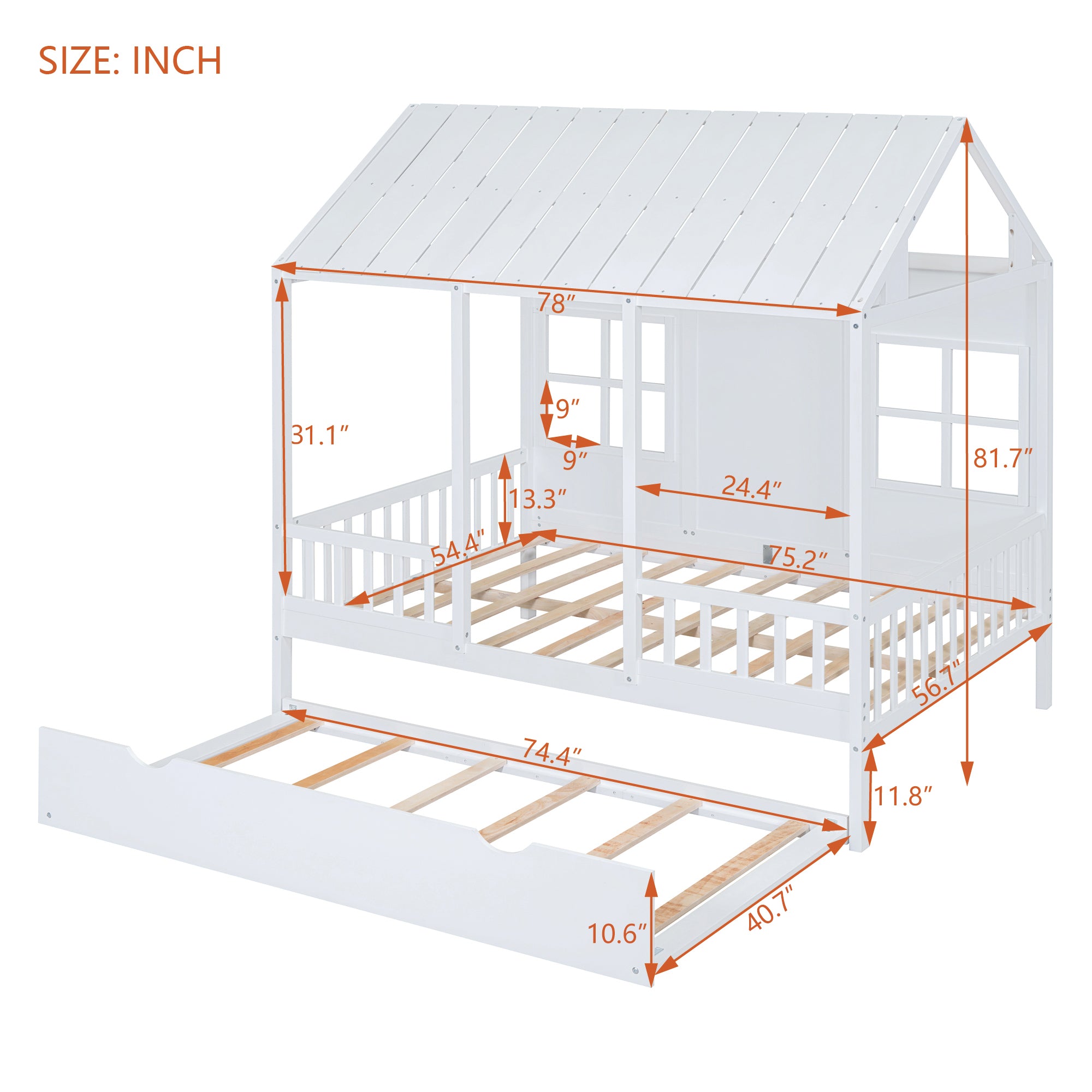 Full Size Wood House Bed With Twin Size Trundle