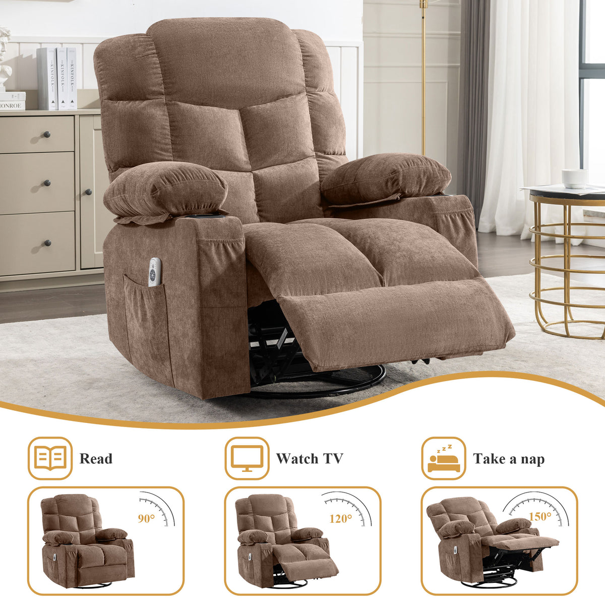 Oversized Massage Swivel Recliner Chair with Lumbar Heating for Living Room Rocker Recliner with Cup Holders and USB Charge Port, for Adult