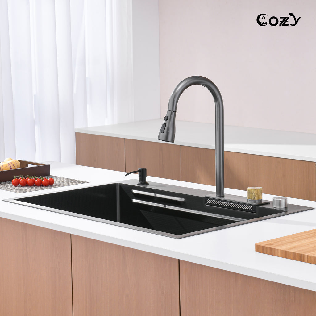 Waterfall Kitchen Sink, Stainless Steel Single Bowl