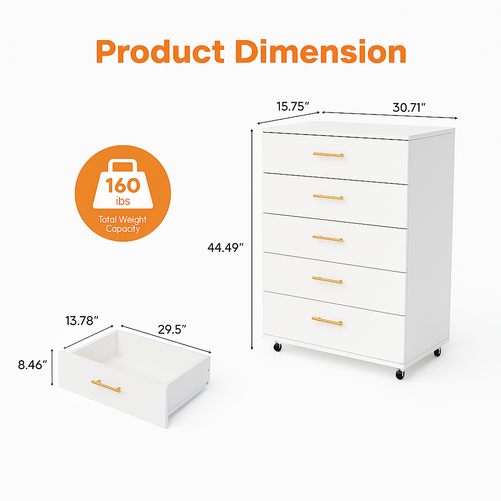 White 5-Drawer Dresser with Handles