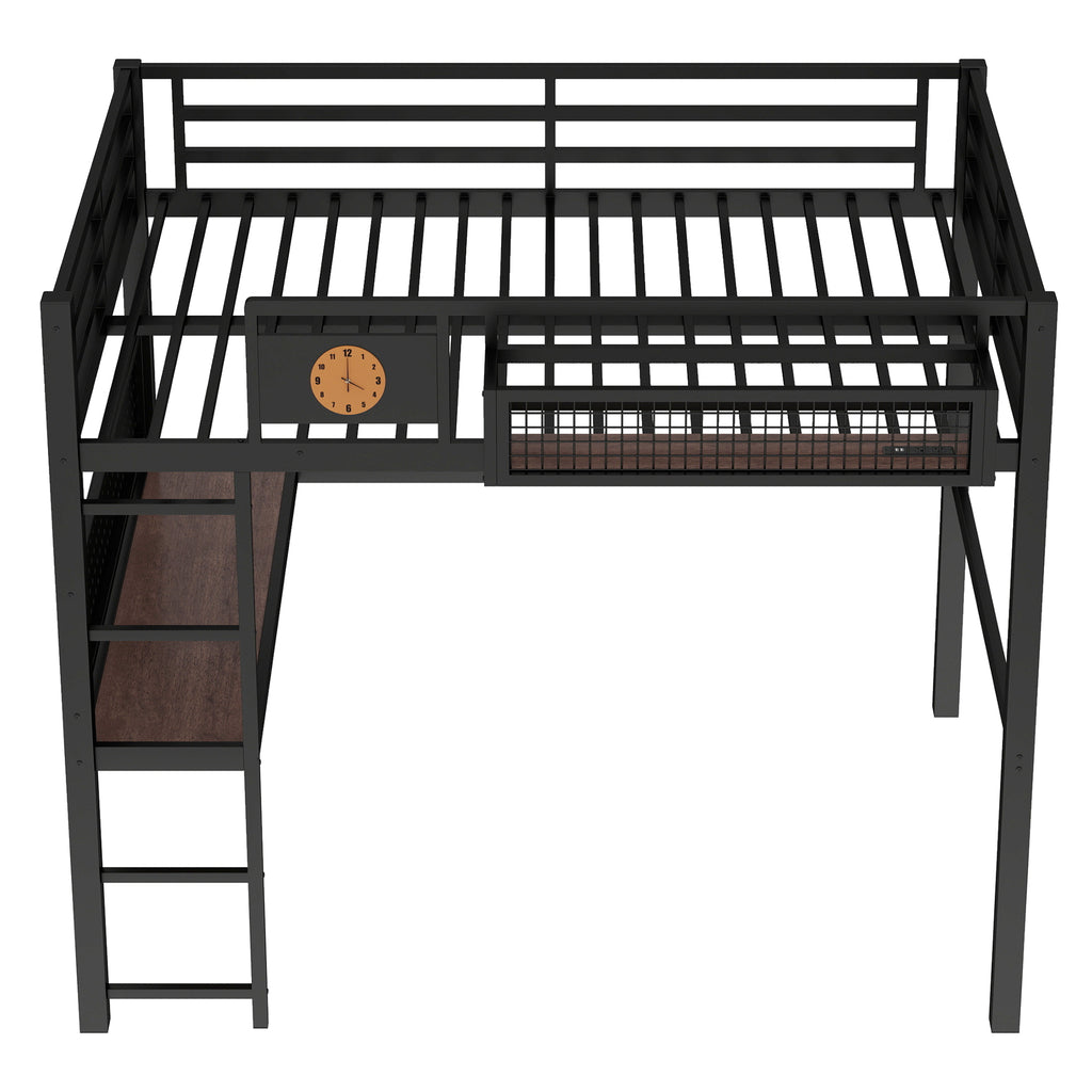 Full Size Loft Bed Frame with Desk and Storage Basket