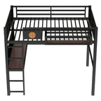 Full Size Loft Bed Frame with Desk and Storage Basket
