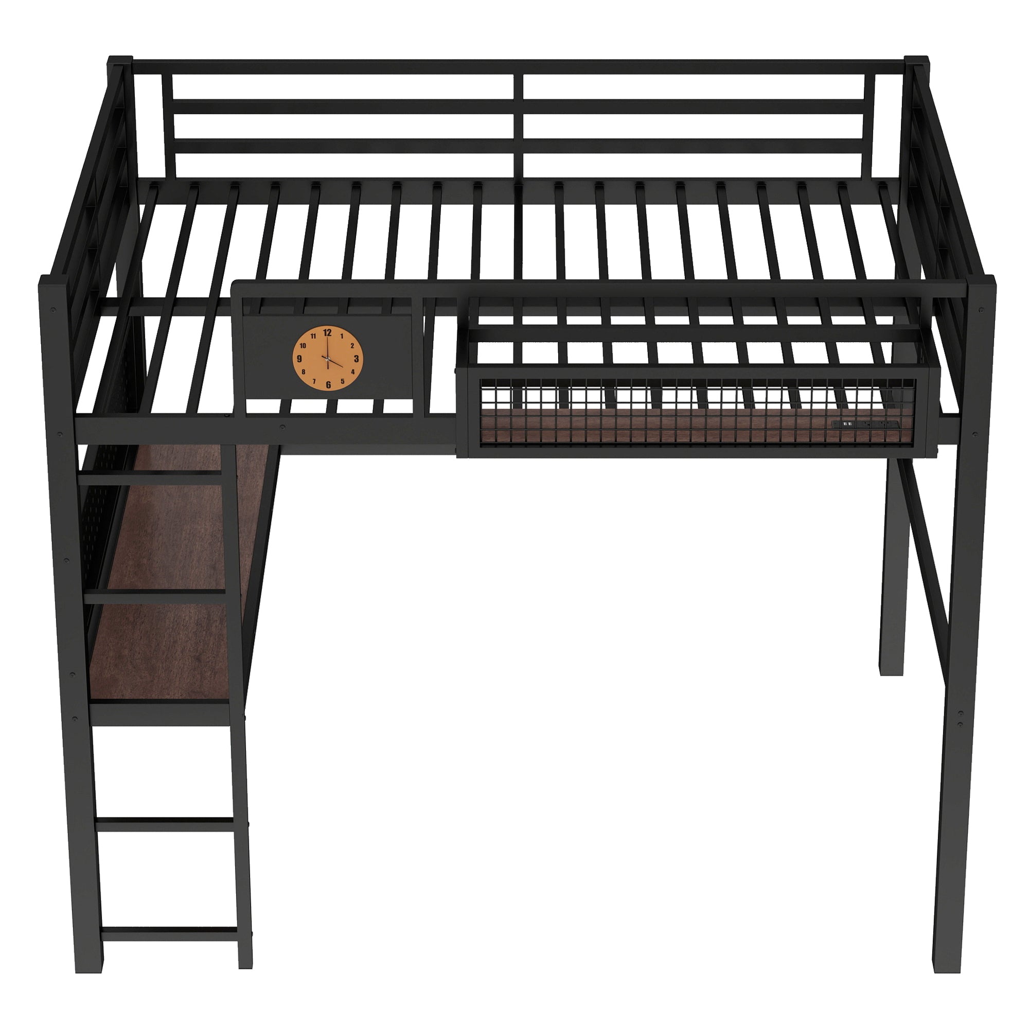 Full Size Loft Bed Frame with Desk and Storage Basket
