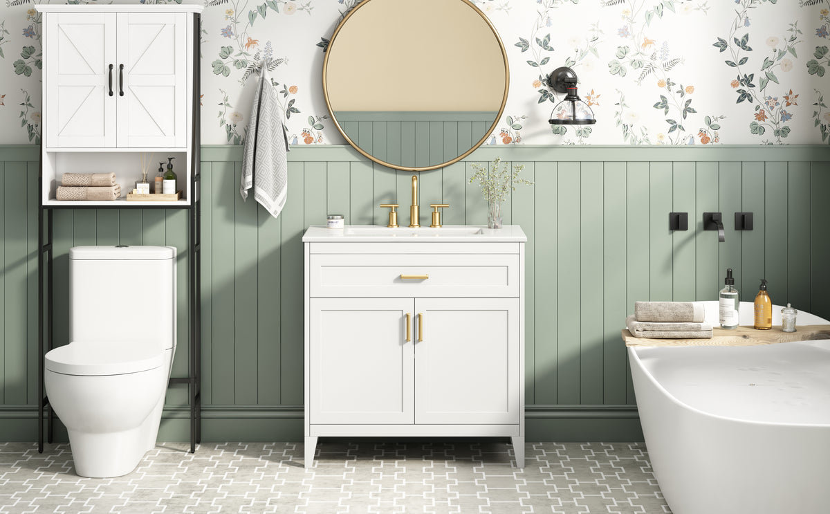 30-Inch Bathroom Vanity with Ceramic Sink, Soft-Close Doors, White