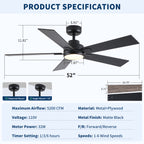 52" Matte Ceiling Fan with Light
