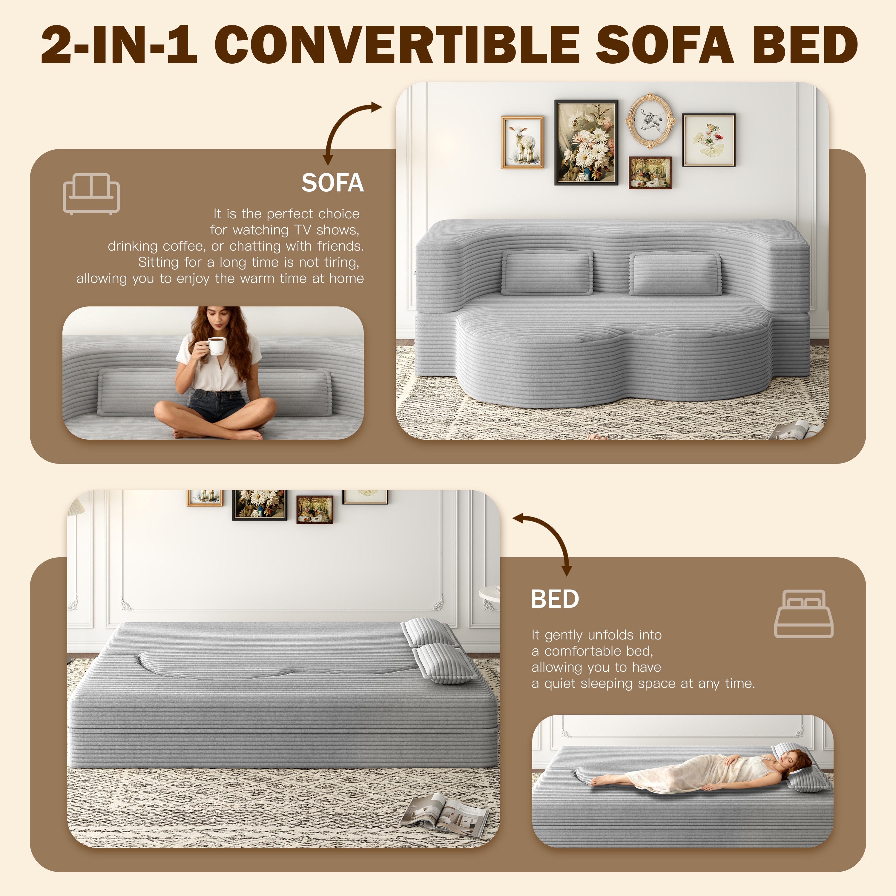 Modern Floor Sofa with Twin Size Folding Mattress