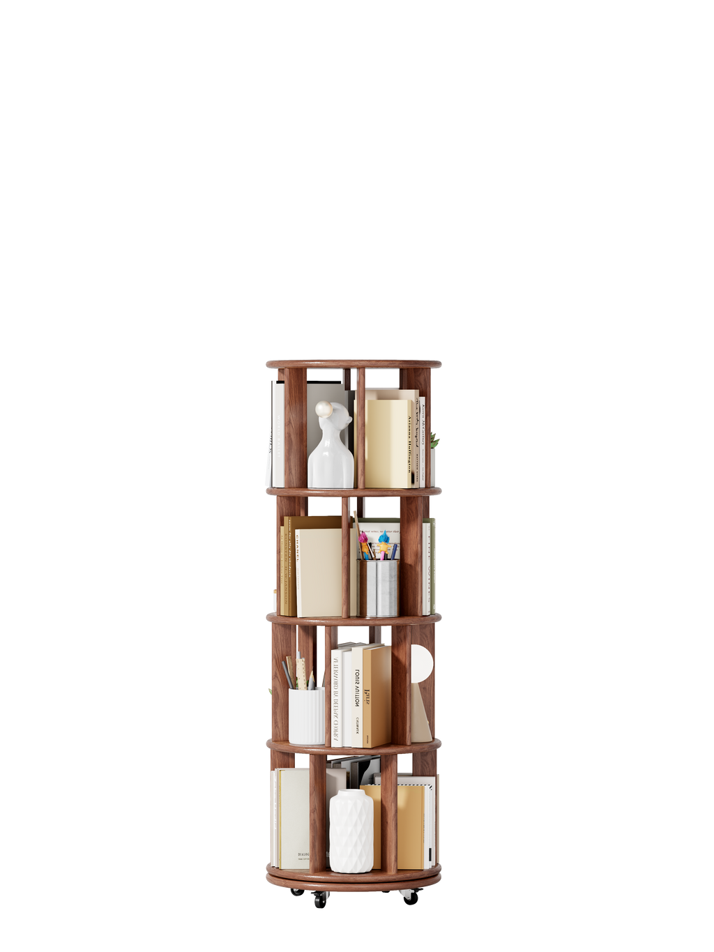 Solid Wood Rotating Bookshelf on Wheels - 4 Tier