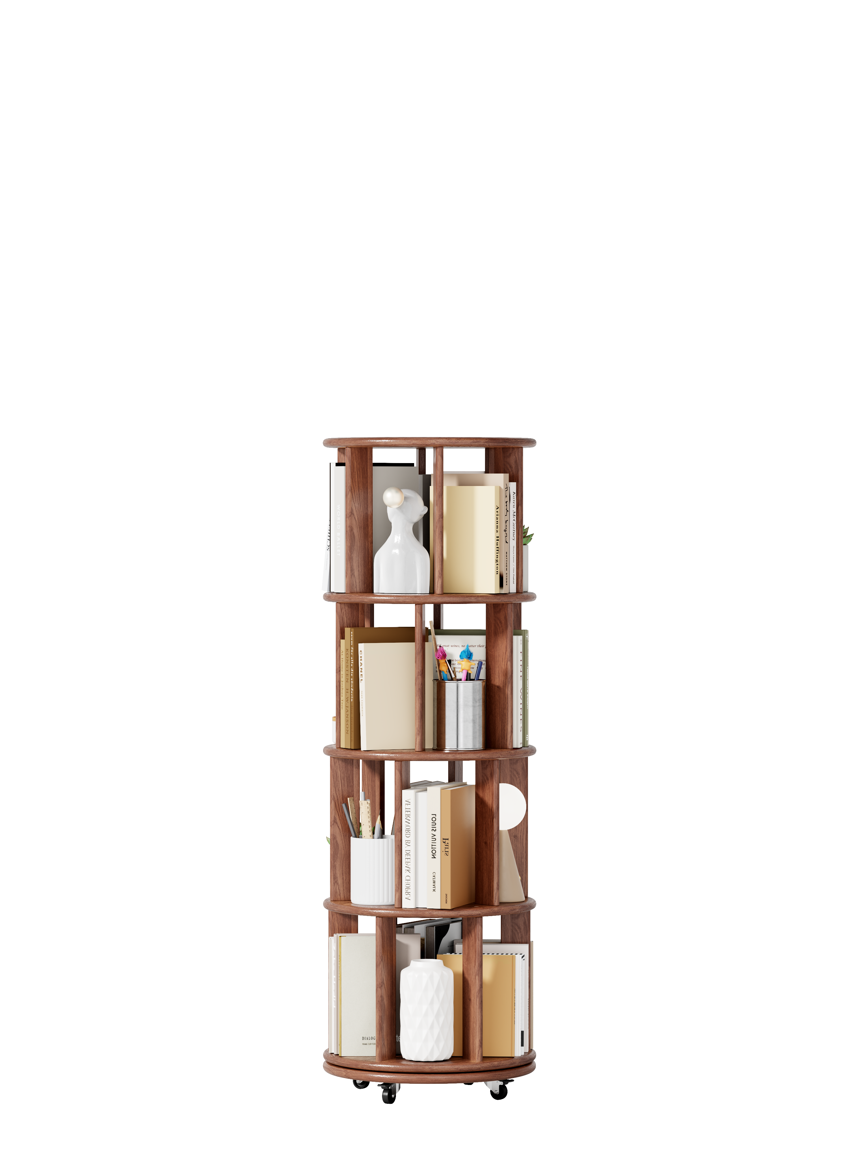 Solid Wood Rotating Bookshelf on Wheels - 4 Tier