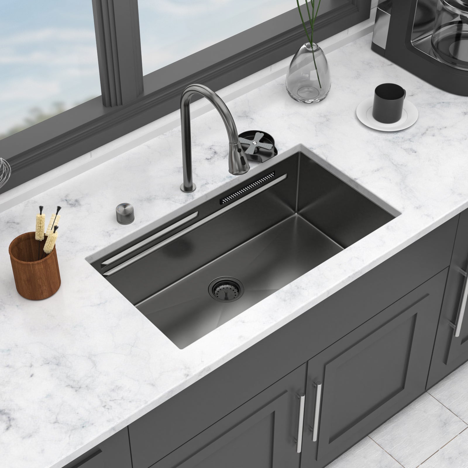 33" Undermount Waterfall Gunmetal Kitchen Sink