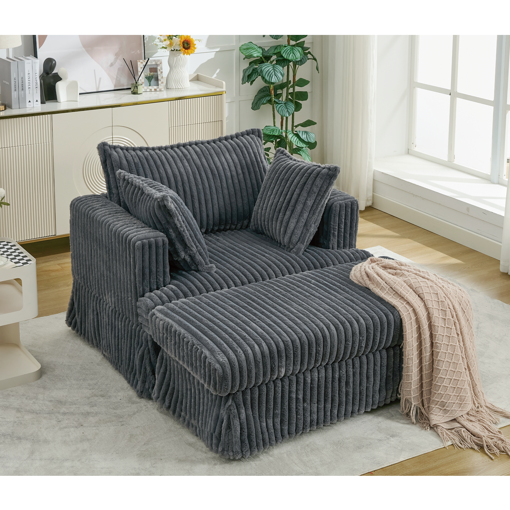 Oversized Corduroy Chaise Lounge with Ottoman in Dark Gray