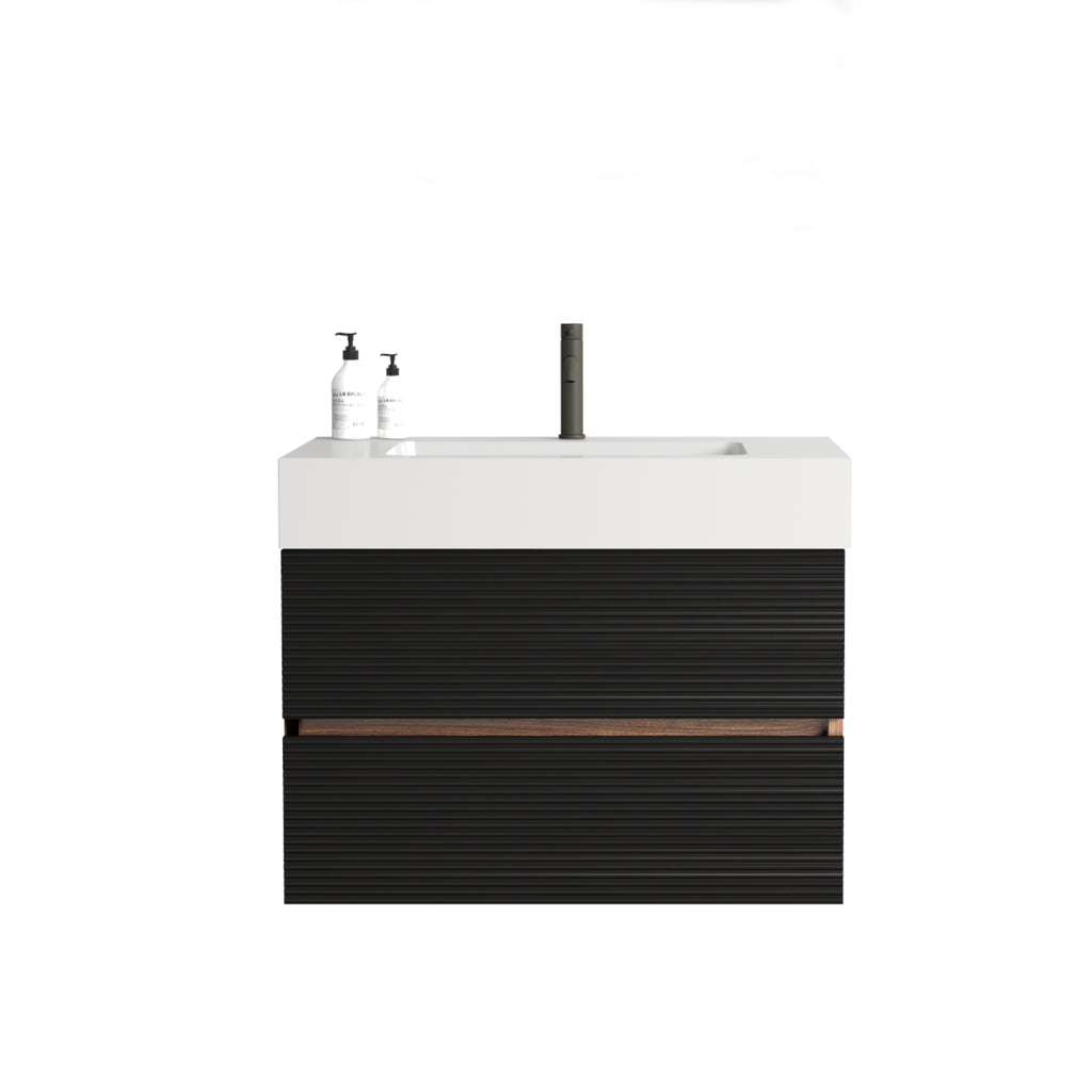 Grace 30-Inch Wall-Mount Bathroom Vanity, Glossy White Solid Surface Sink, Black Drawers