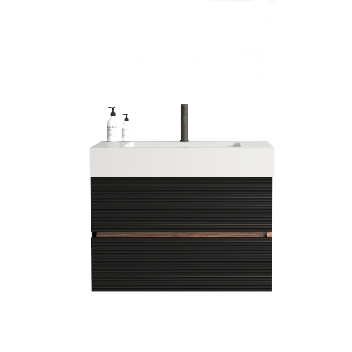 Grace 30-Inch Wall-Mount Bathroom Vanity, Glossy White Solid Surface Sink, Black Drawers