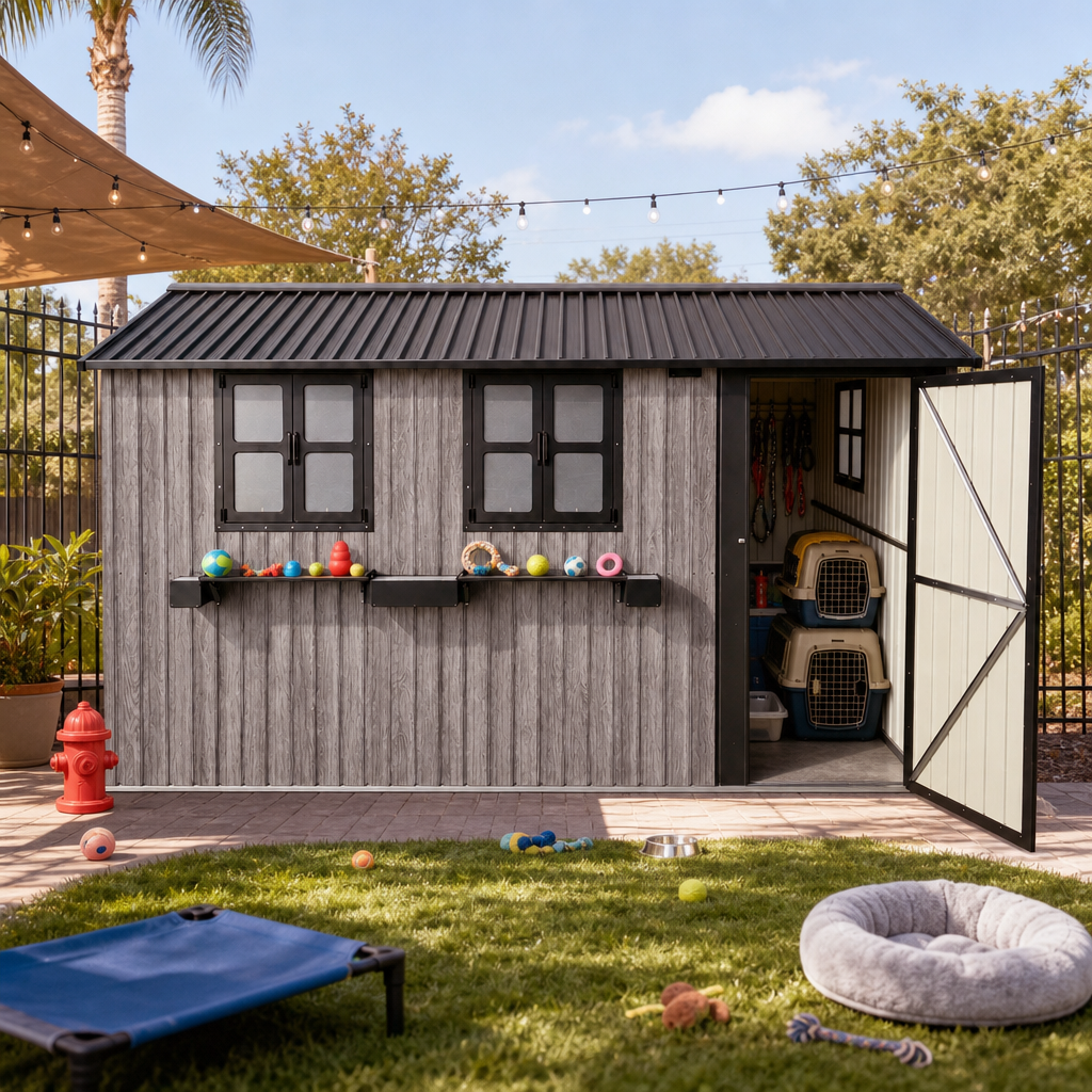 12x10 FT Outdoor Metal Storage Shed, Grey and Black, with 3 Windows and Flower Rack