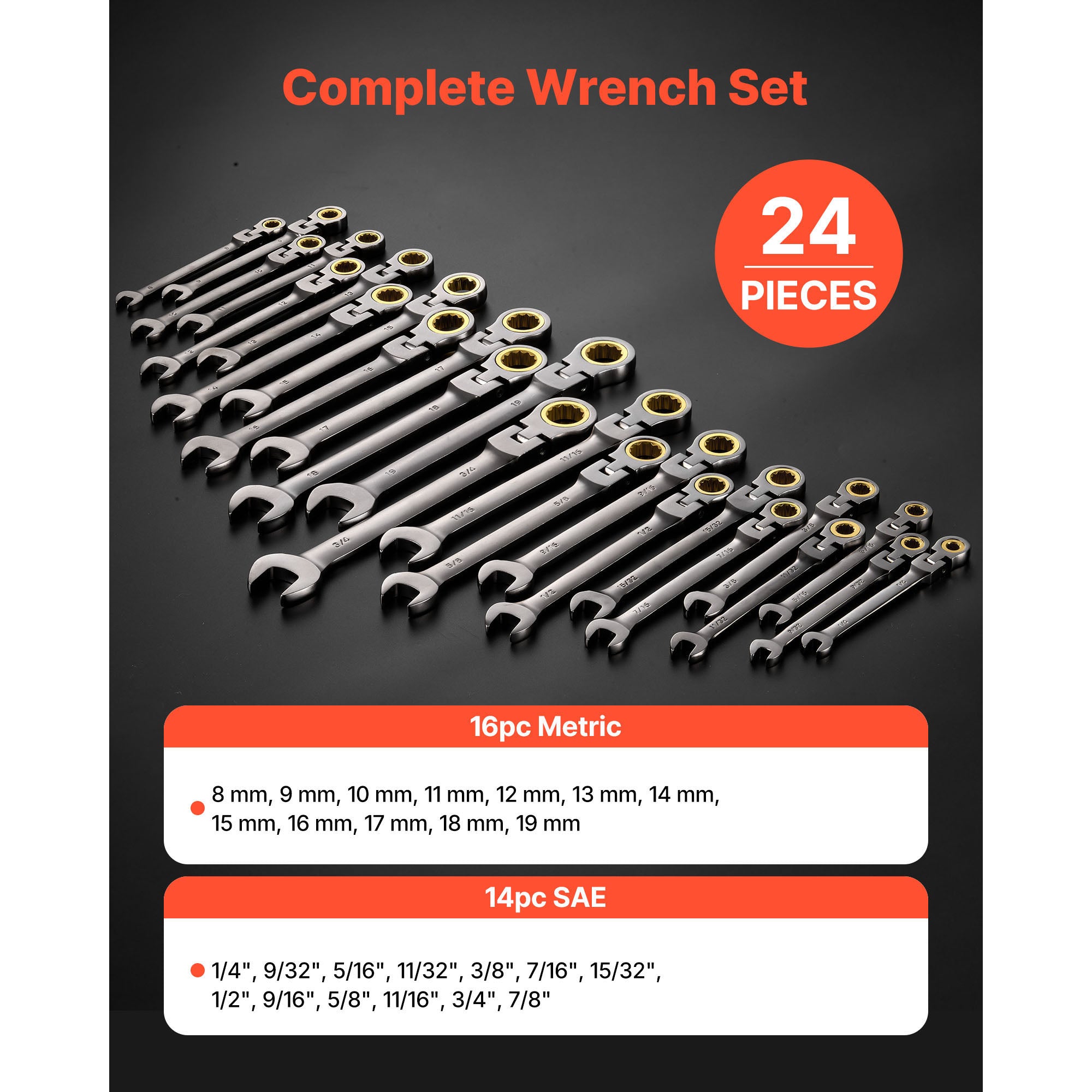 Flex-Head Ratcheting Wrench Set, 24-Piece SAE and Metric