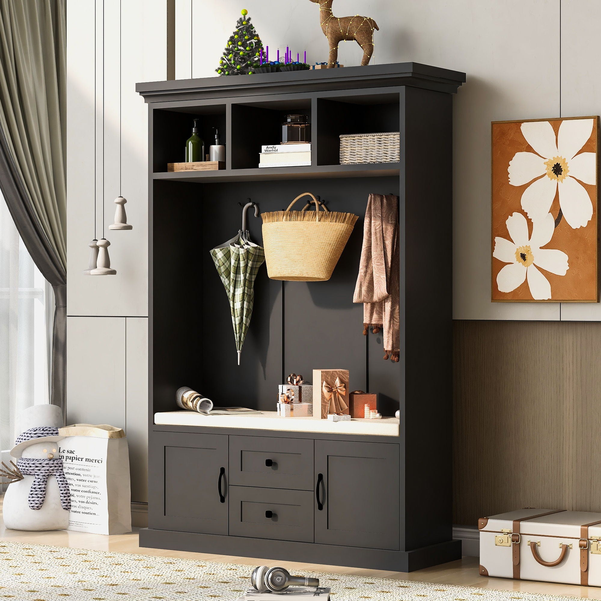 Hall Tree With 3 Hooks, Coat Hanger, Entryway Bench, Storage Bench, 3 In 1 Design