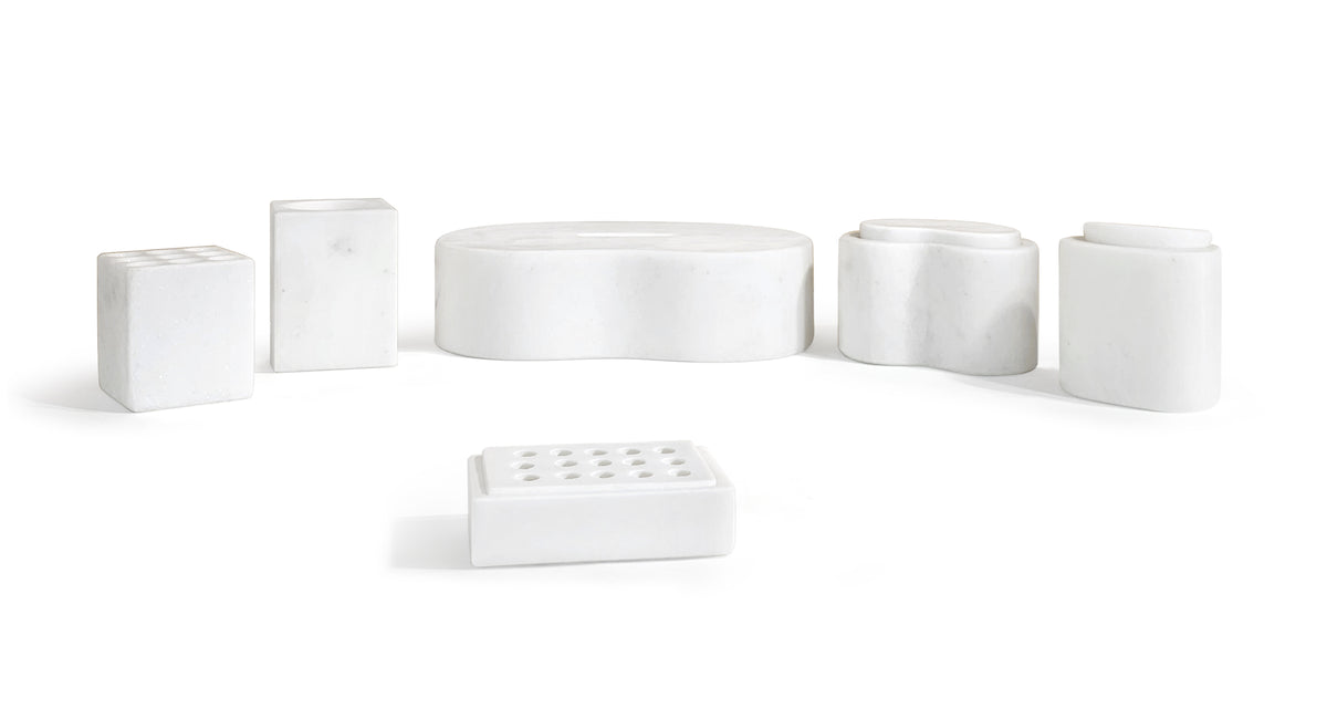 White Natural Marble 6-Piece Bathroom Accessories Set, Honed Finish