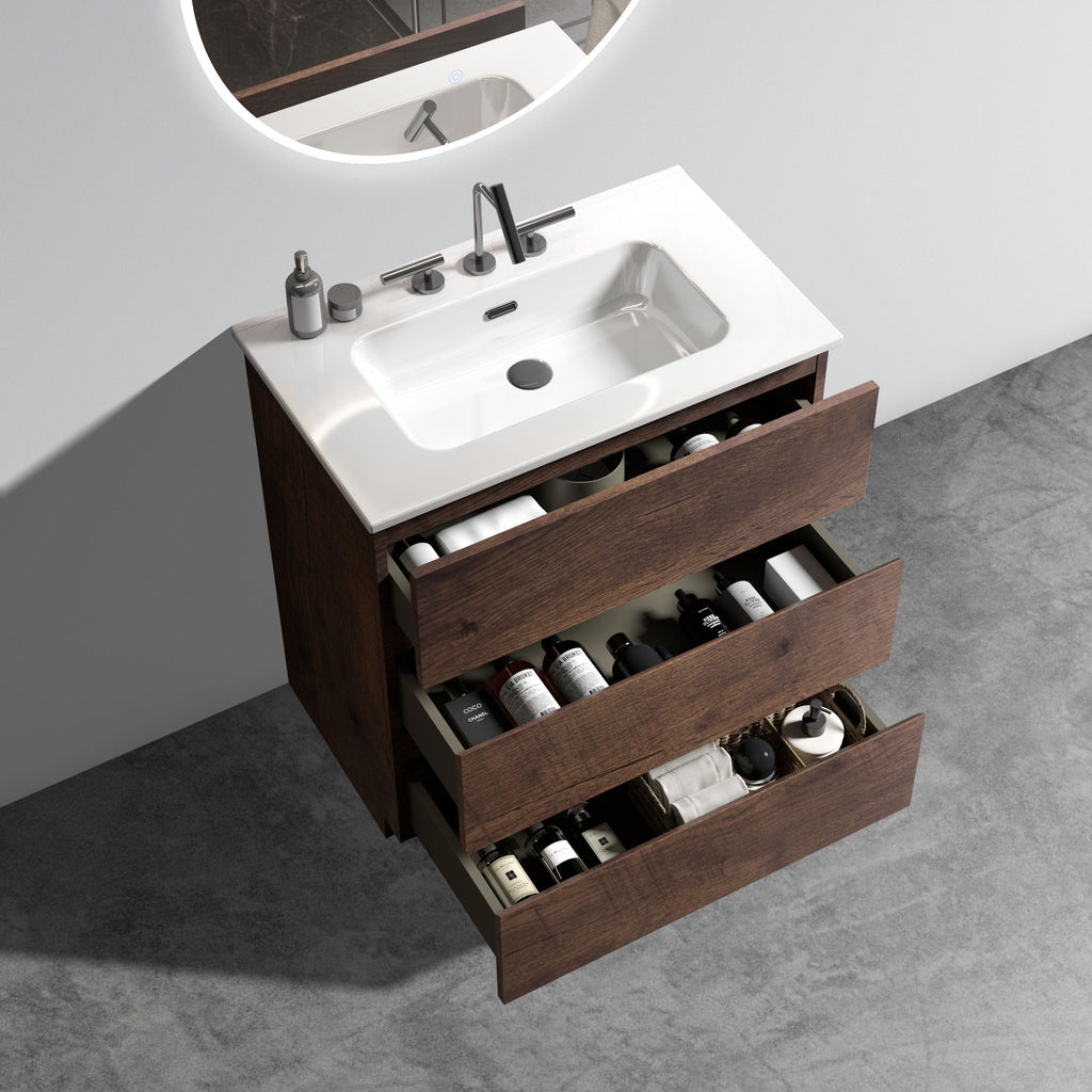 TIA 30" Walnut Bathroom Vanity with Ceramic Sink, 3 Faucet Holes