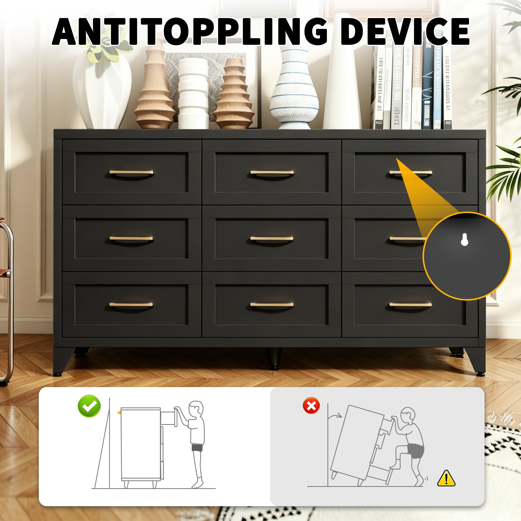 9 Drawer Dresser for Bedroom, Metal Profile Chest of Drawers