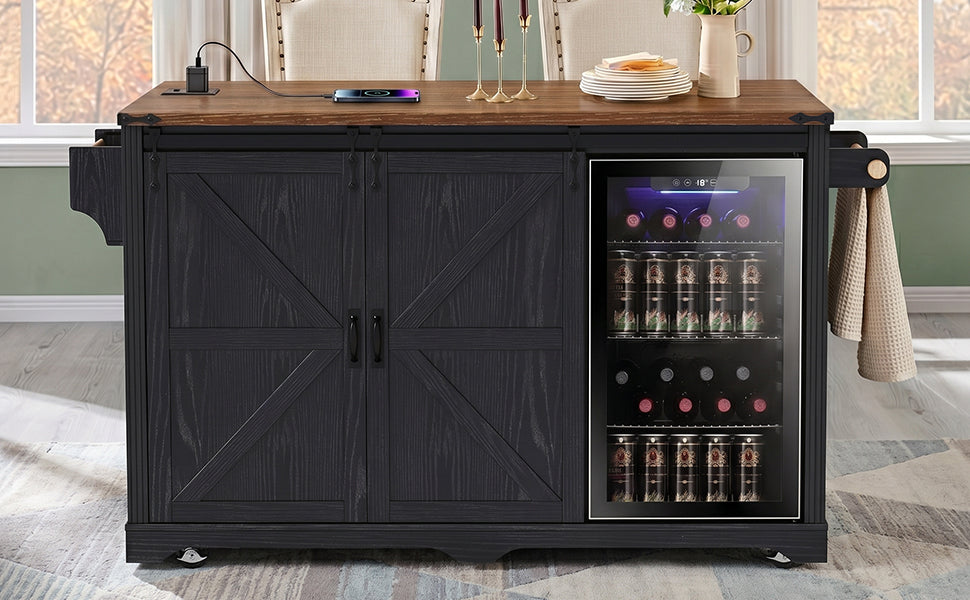K&K 72" Farmhouse Kitchen Island with Fridge Storage