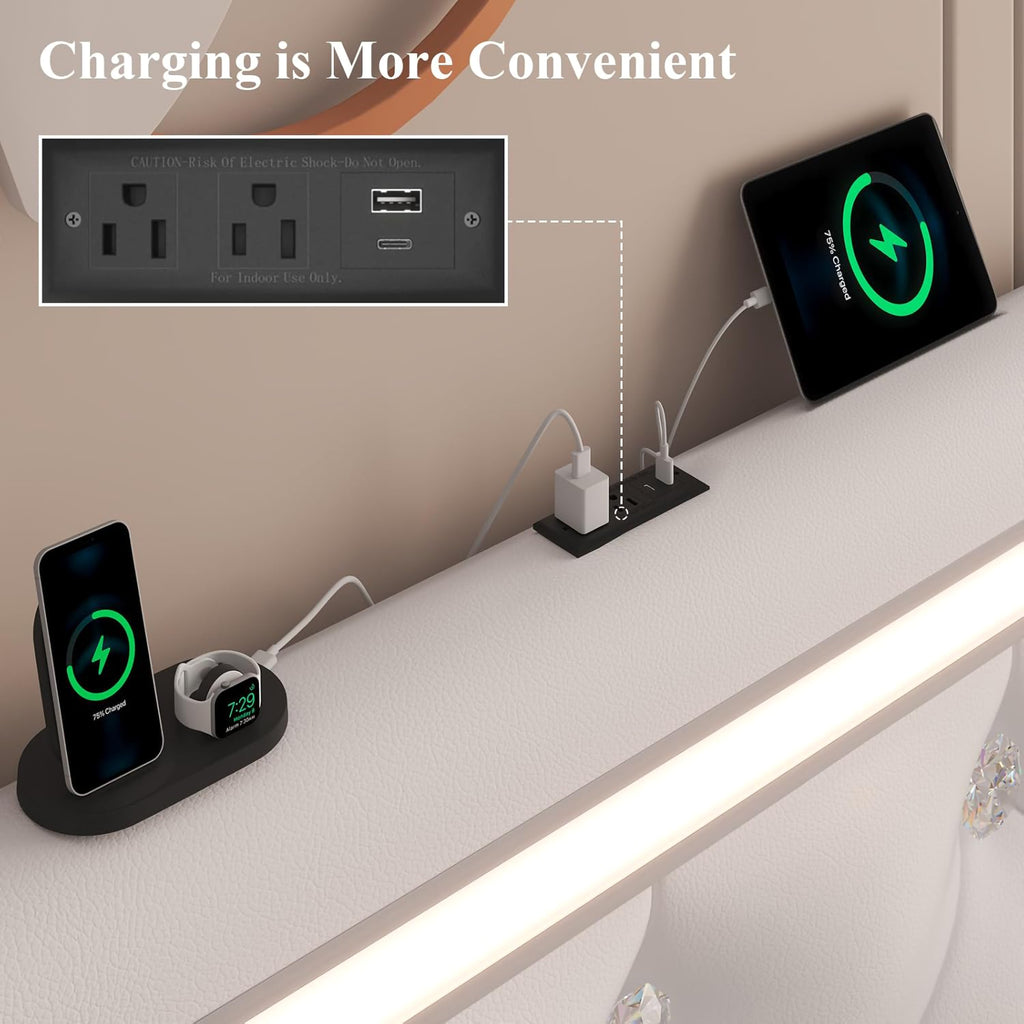 Queen Size Bed Frame with LED Lights and Charging Station