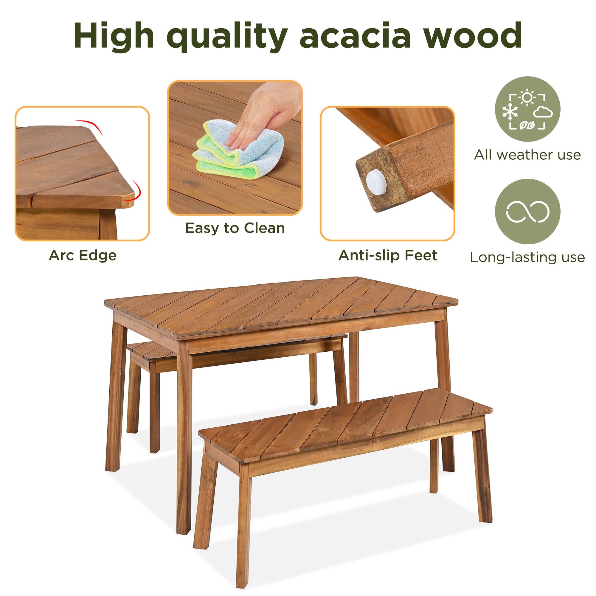 Acacia Wood 3 Piece Dining Set for Indoor & Outdoor Use