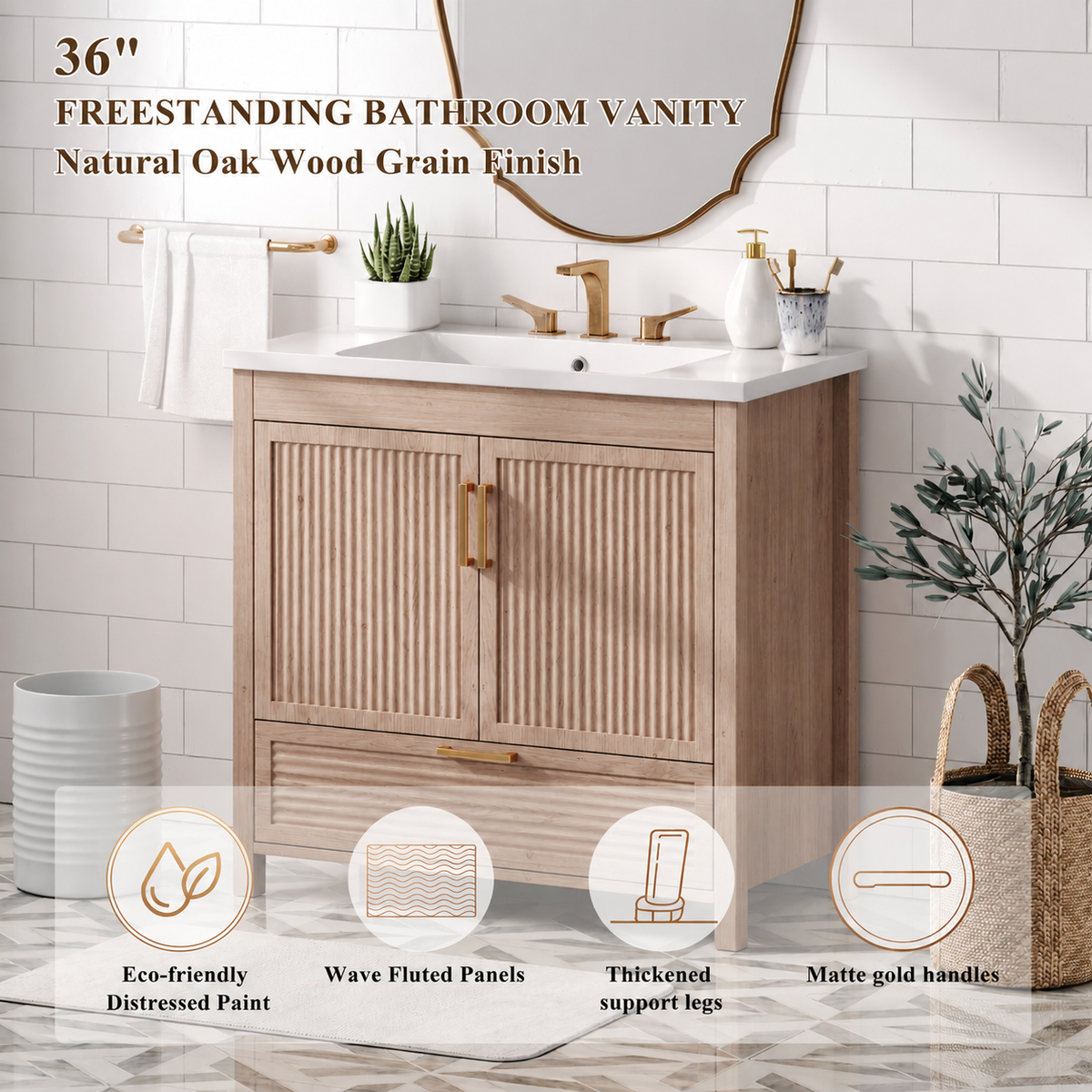 36 Inch Freestanding Bathroom Vanity Cabinet with Sink, 2 Soft Close Doors & Full Extension Drawer, Wave Fluted Panels
