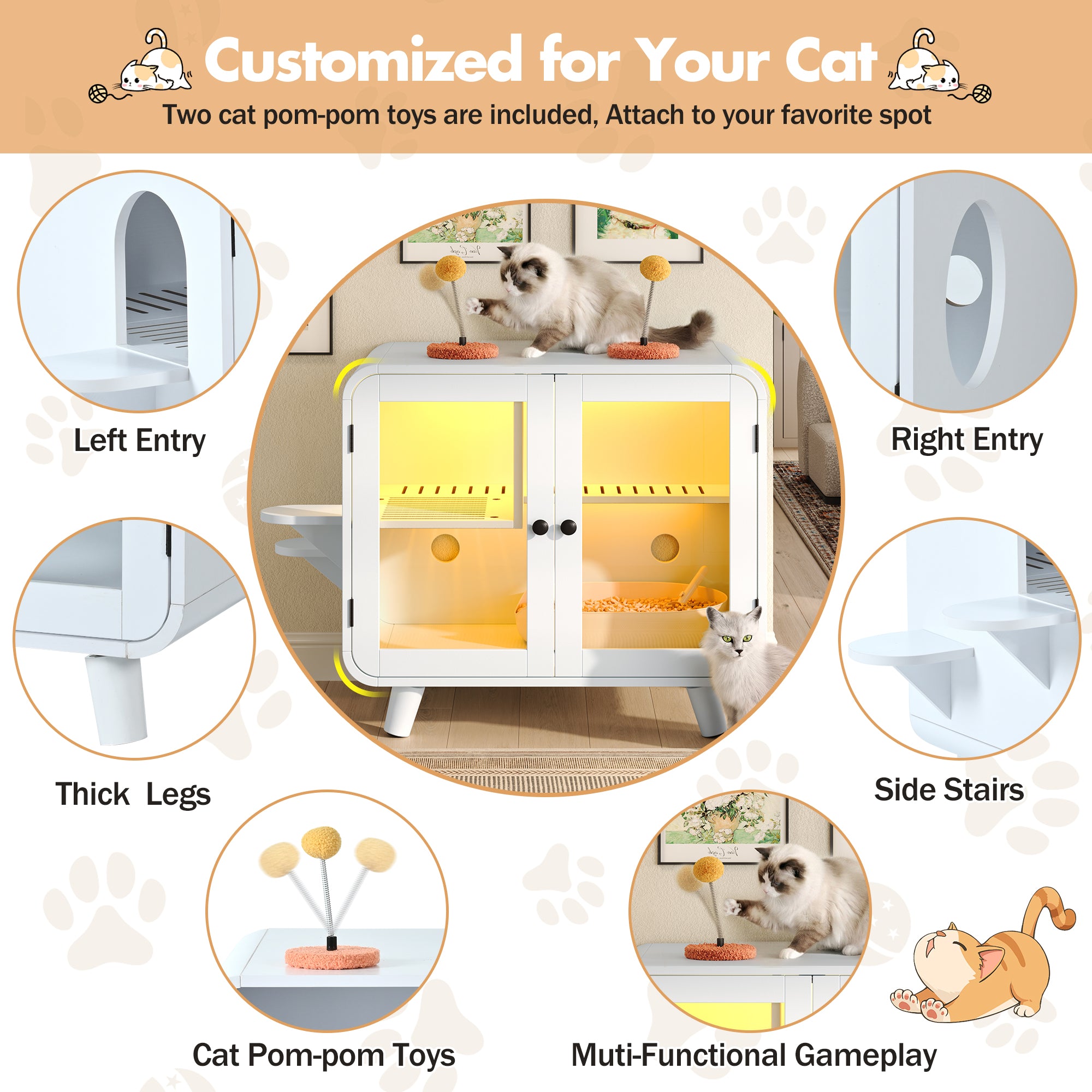 Cat Hidden Litter Box Enclosure with RGB LED Light