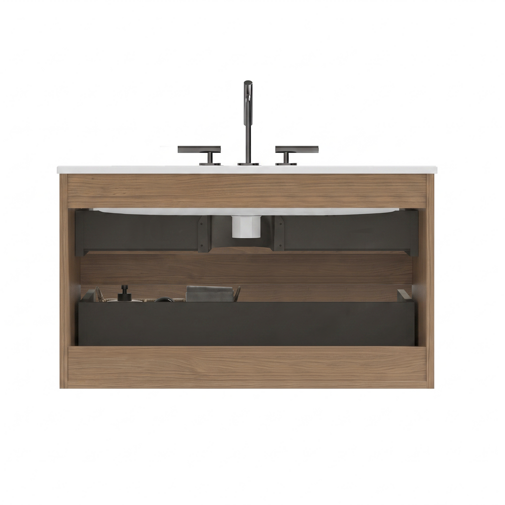 TIA Wall Mount 36" Bathroom Vanity, Walnut Brown, Ceramic Sink