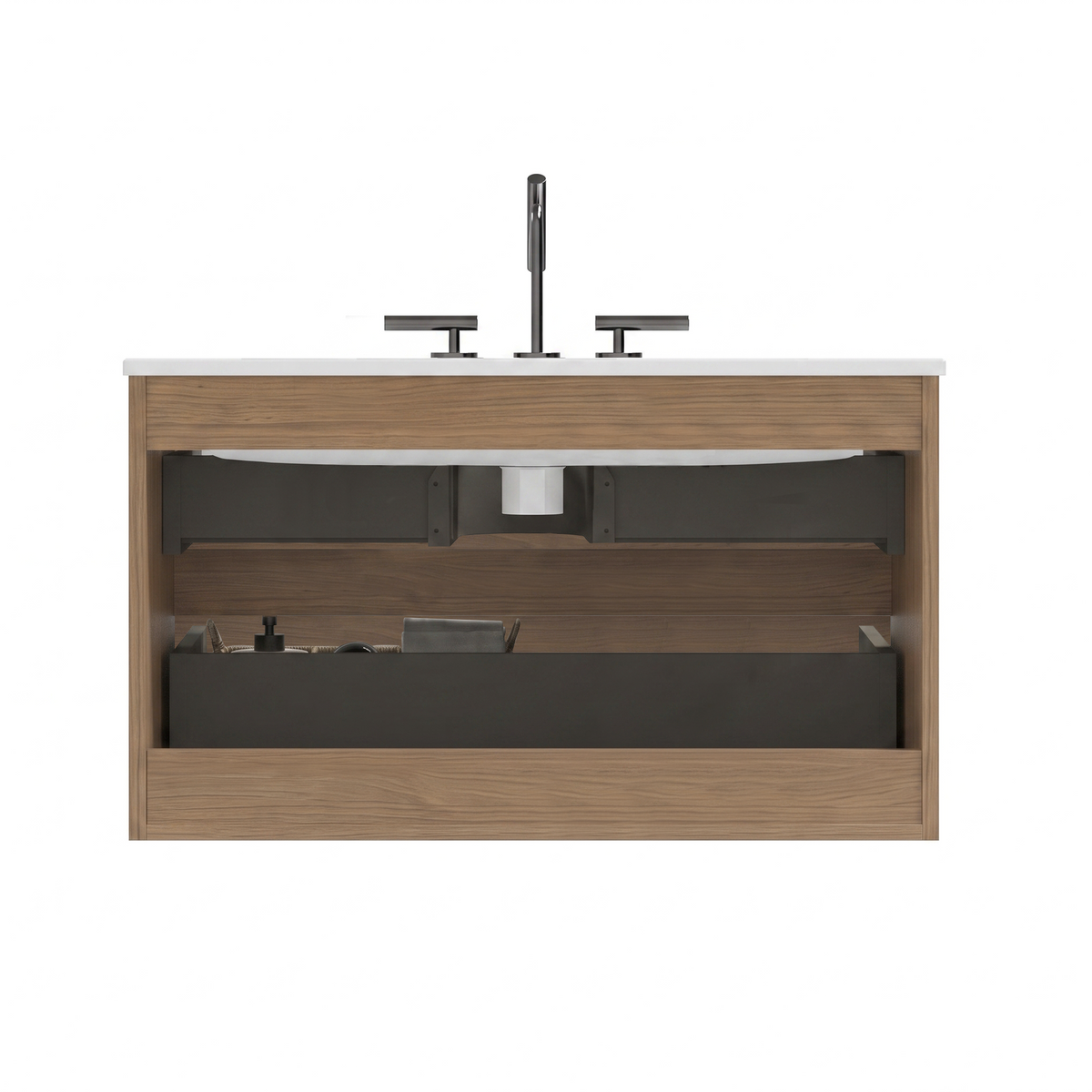 TIA Wall Mount 36" Bathroom Vanity, Walnut Brown, Ceramic Sink