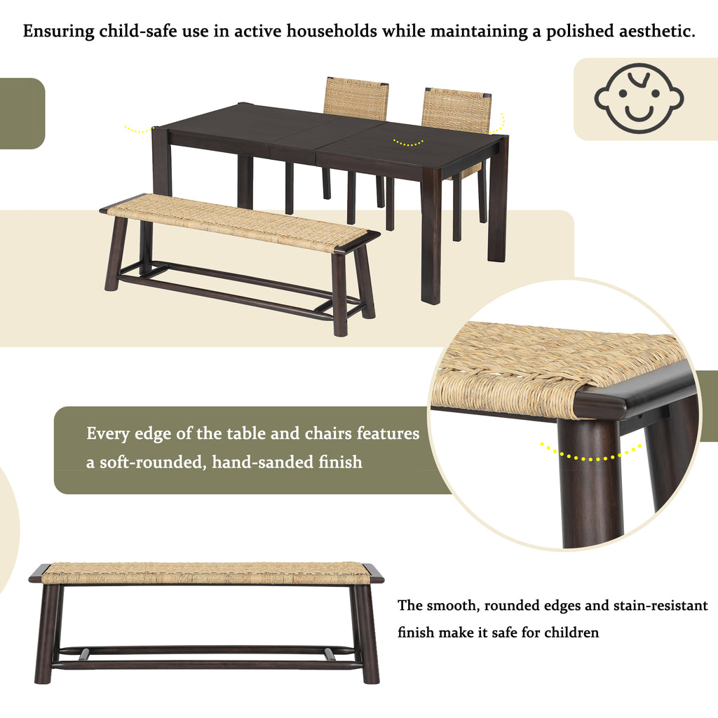 Farmhouse Modern Solid Wood Rattan Bench - 59 Inch