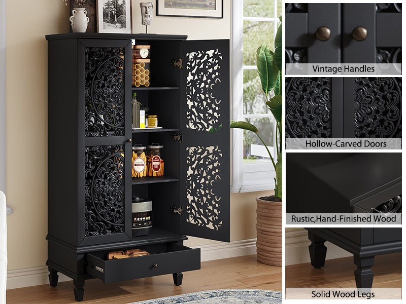 Rustic 55-Inch Tall Storage Cabinet with Drawer, Black