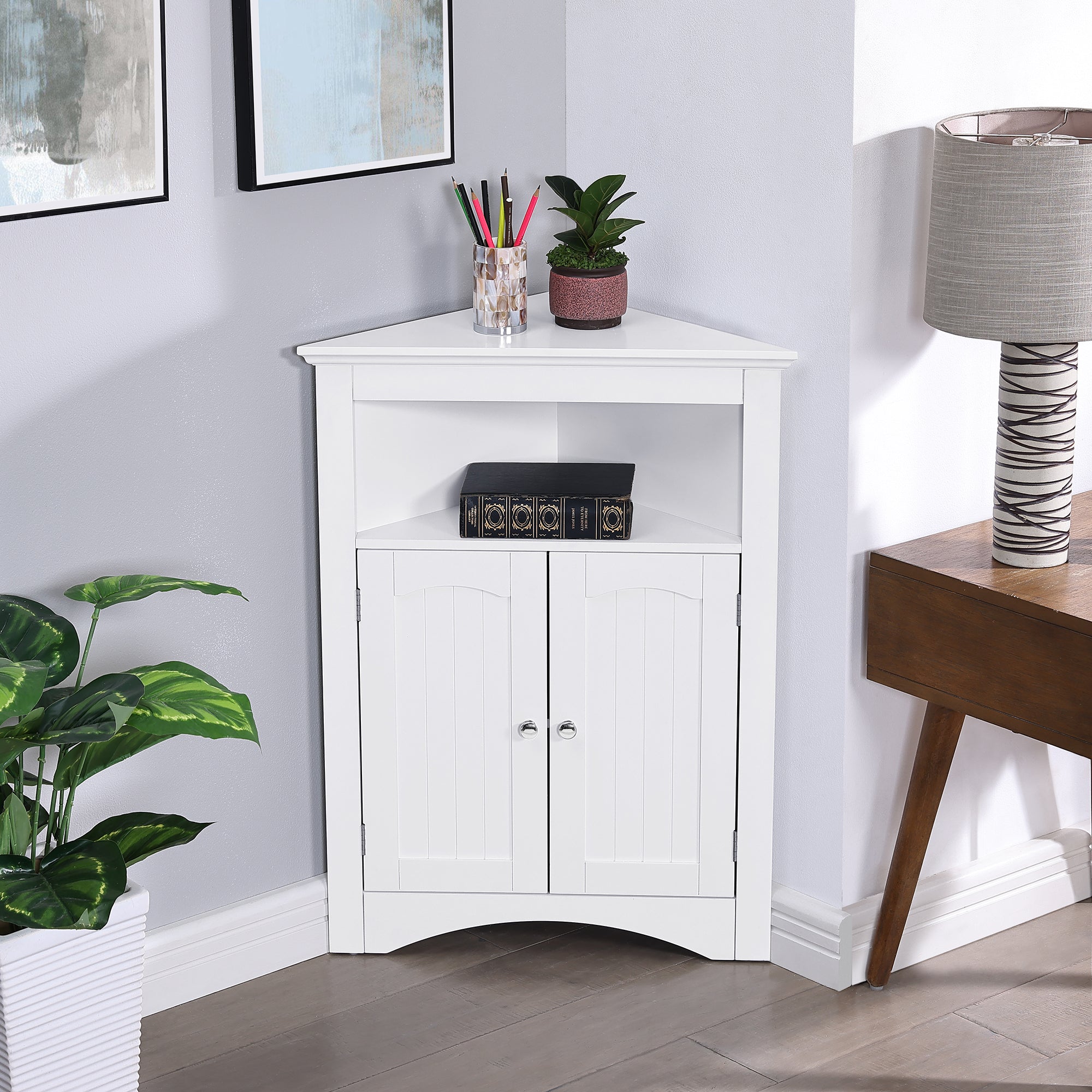 Bathroom Floor Corner Cabinet with Doors and Shelves