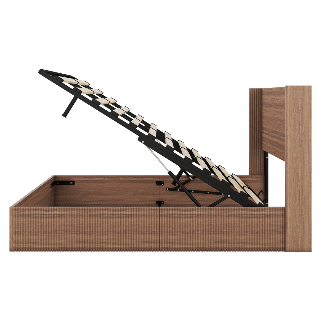 Queen Size Bed Frame with Grooved Lifting Storage Function