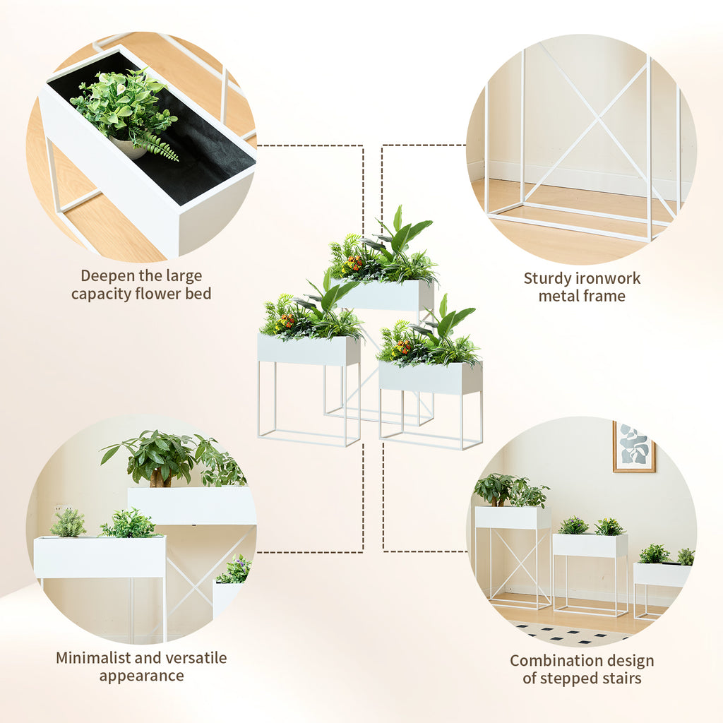 3‑Pack Pre‑Assembled Metal Raised Garden Bed Planter Stand with Non‑Woven Liner, UV‑Resistant Coated Elevated Flower Herb Planter Box, Rectangular Plant Holder for Patio Balcony Backyard Indoor Outdoo