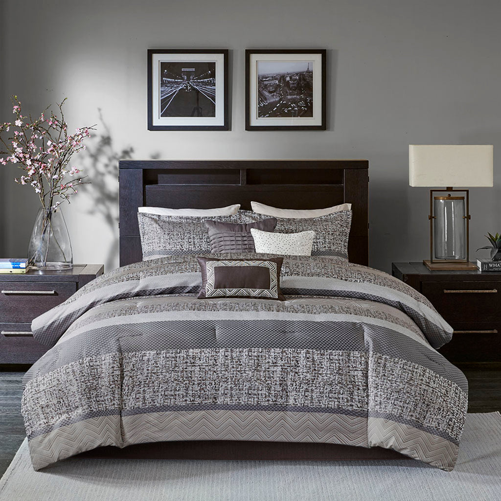 7 Piece Jacquard Comforter Set - Grey/Taupe - Queen