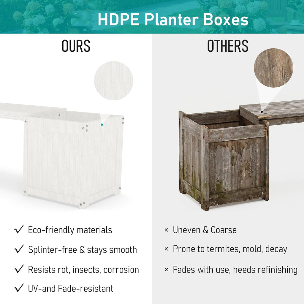HDPE Outdoor Bench with Flower Boxes, White