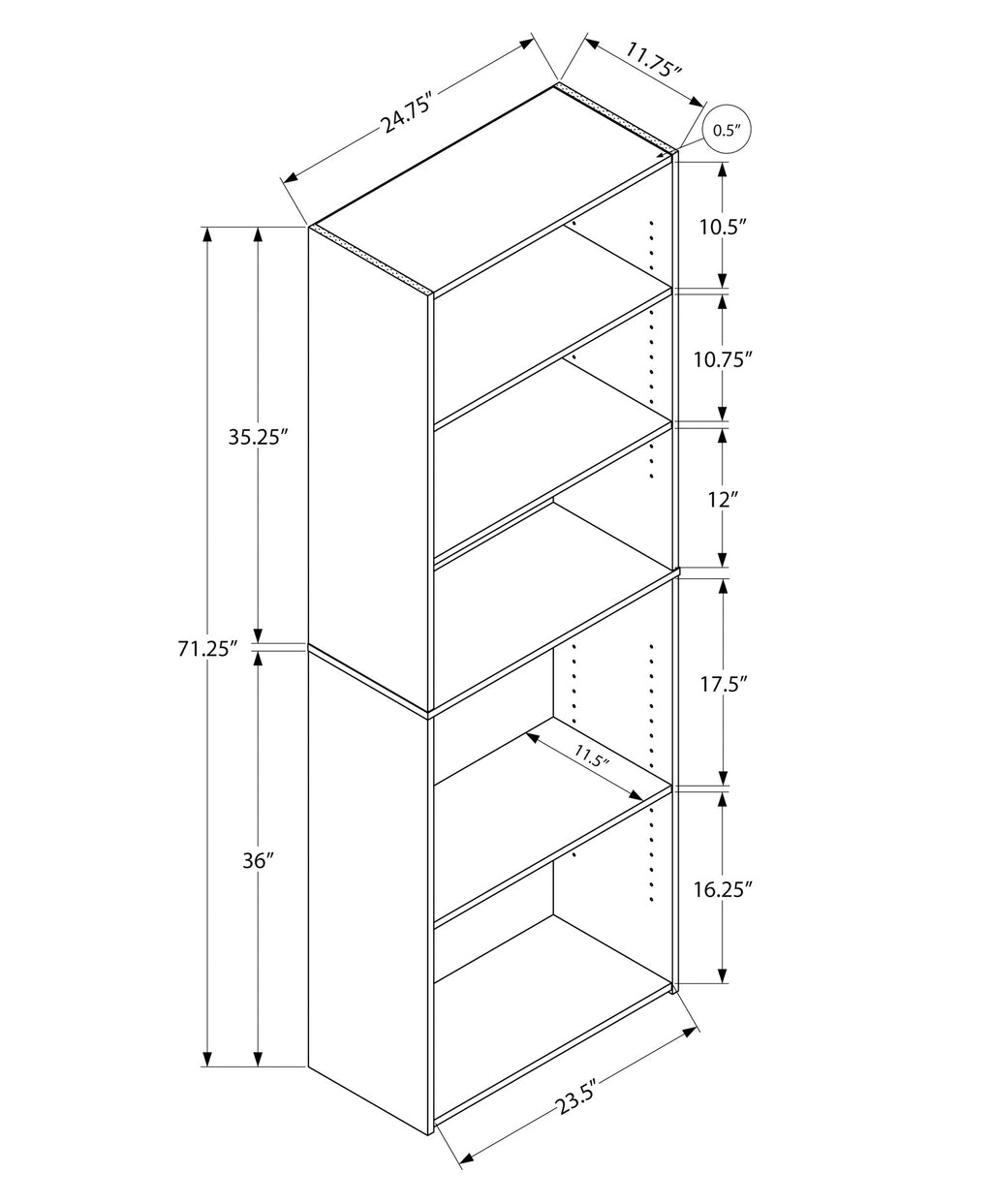 6 Tier Bookshelf, Bookcase - 72"h Office & Bedroom