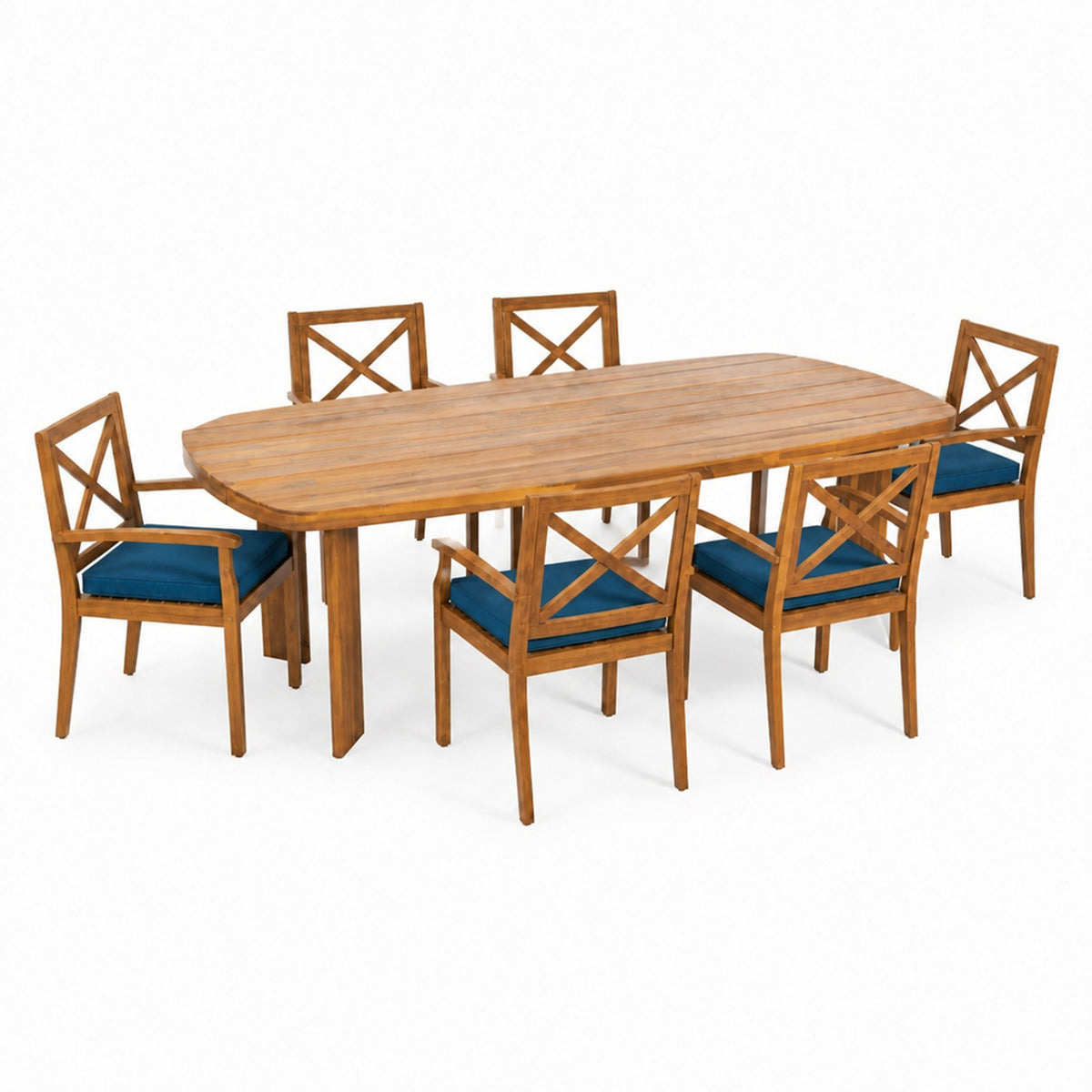 7-Piece Acacia Wood Outdoor Dining Set, 71" Oval Table with 6 Arm Chairs, Blue