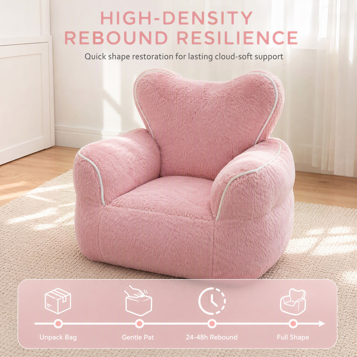 Heart-Shaped Kids Faux Fur Bean Bag Chair, Baby Pink