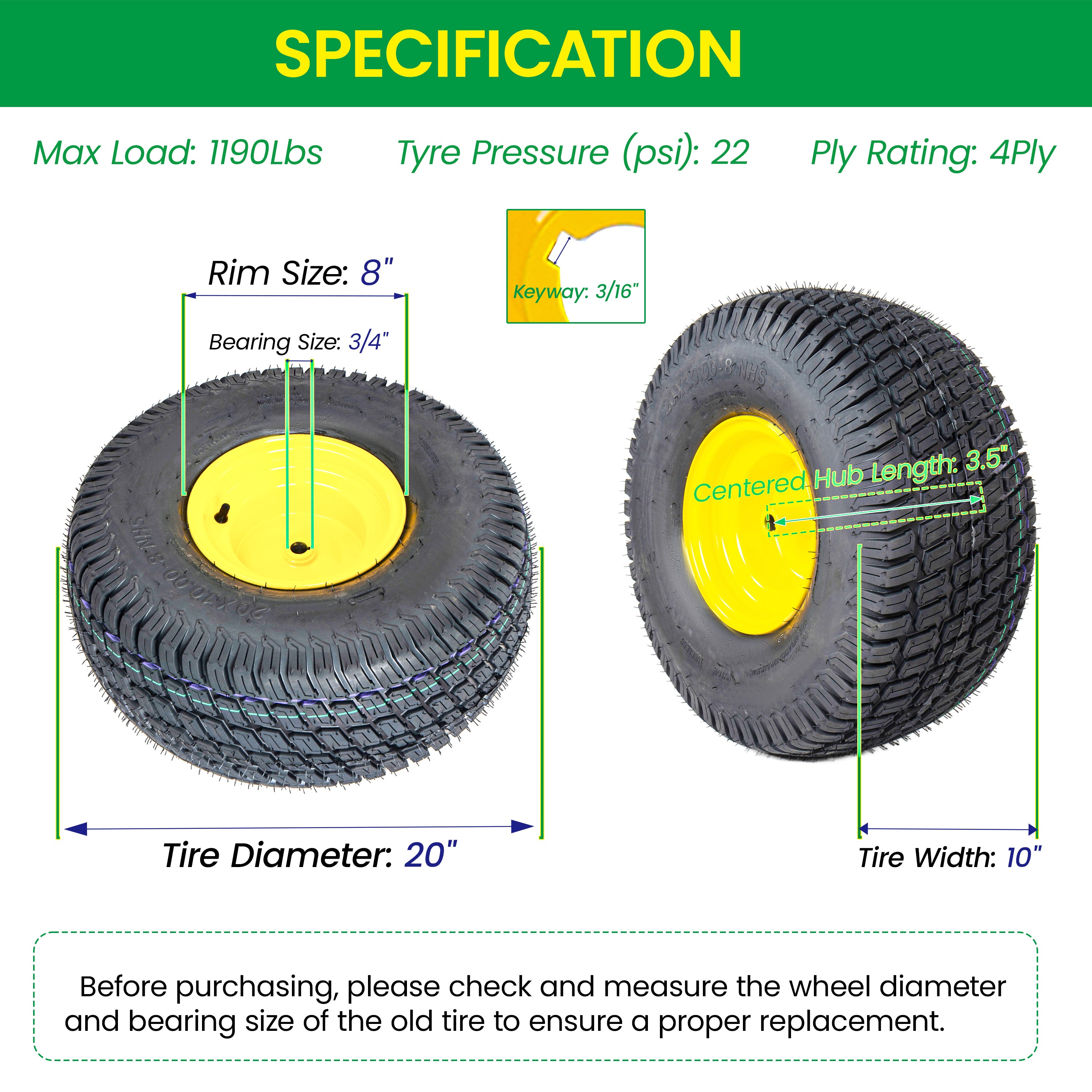 Set of 2 20x10.00-8 Lawn Mower Tires and Wheel Assembly