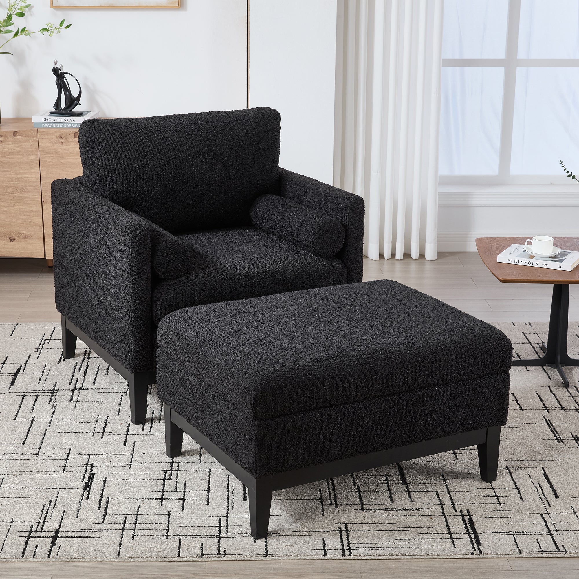 Farmhouse Performance Upholstered Wood Base Square Accent Arm Chair with Ottoman
