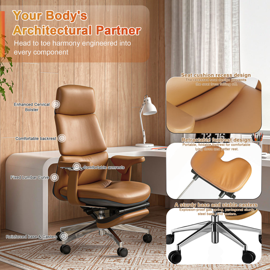 Genuine Leather Office Chair with Flexible Footrest